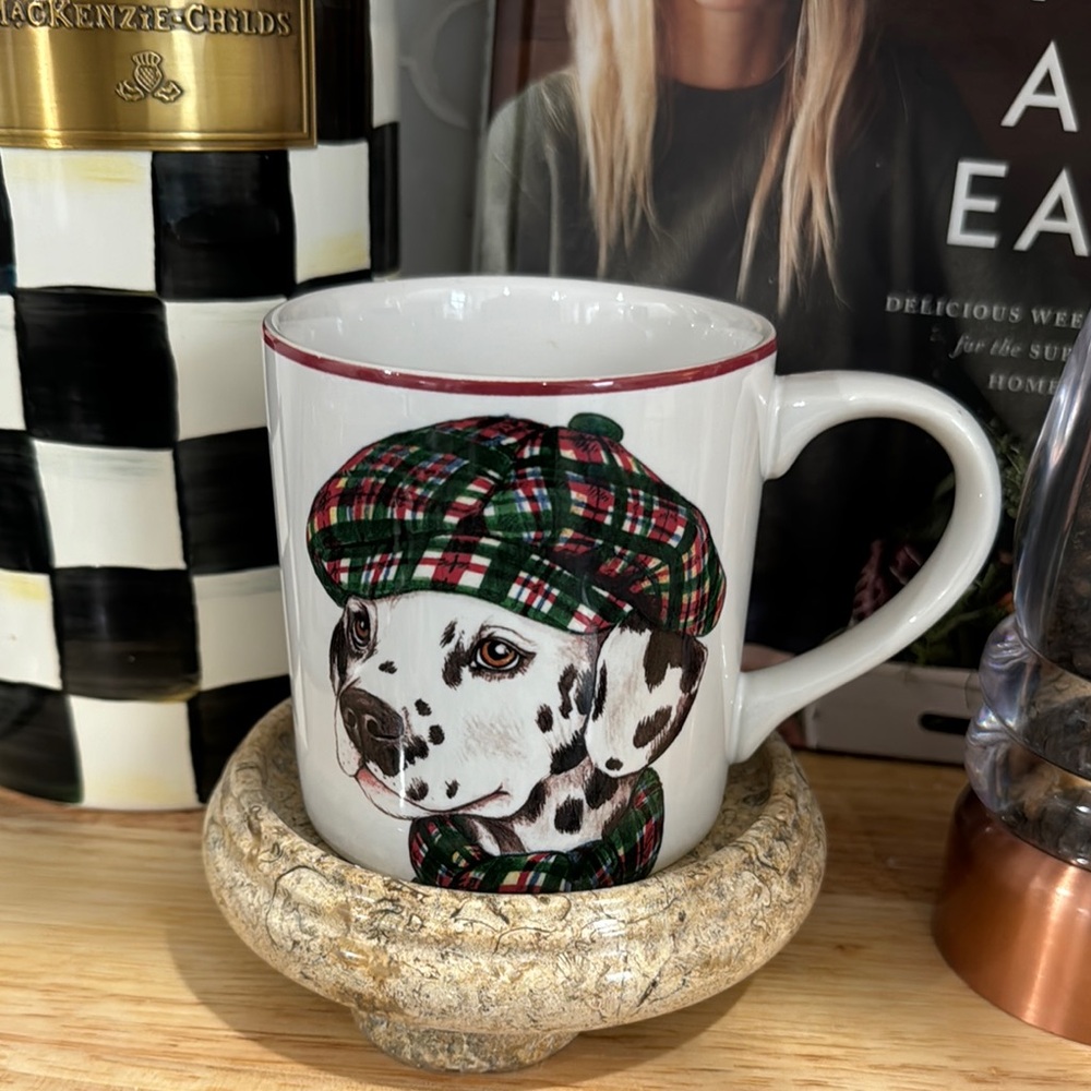 Williams-Sonoma WINTER DOG Mug, 12 oz / 3 5/8", Dalmation, Red trim,